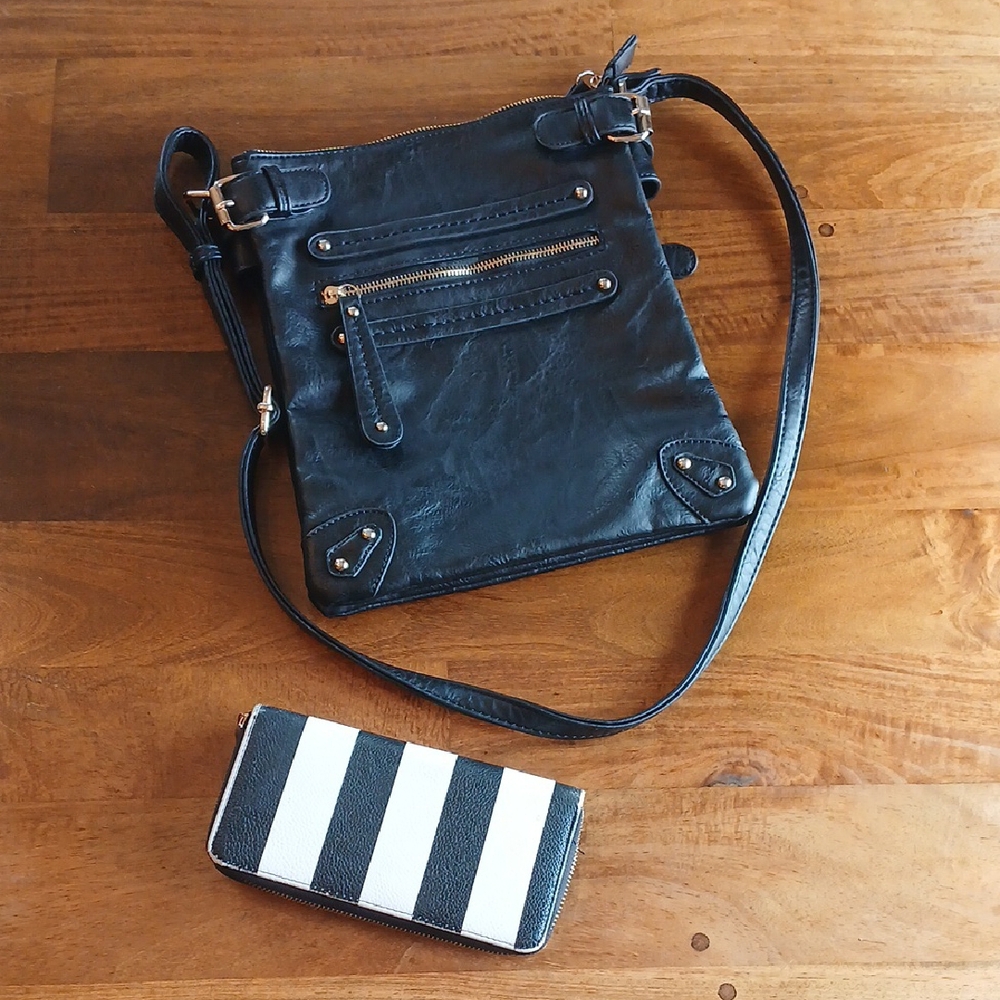 Miztique Black Leather Bag with Adjustable Strap & Non-Brand Striped Clutch